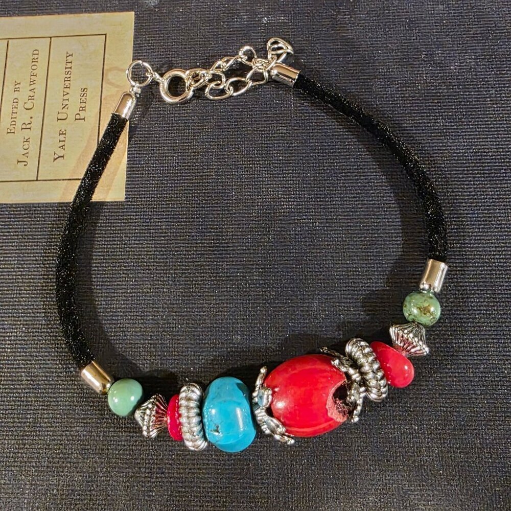 Turquoise & Coral Stone Bracelet with Black Velvet Silver Tone Accents Style G